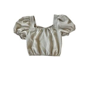 Sienna Sky Beige White Gingham Bubble Sleeve Crop Top Large Boho Cottagecore‎
